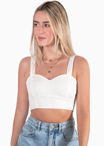 Crop top de tiras con escote corazón color blanco, marfil para mujer - Flashy