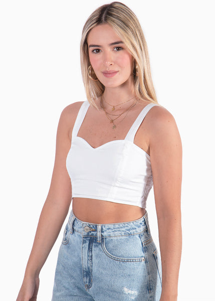 Crop top de tiras con escote corazón color blanco, marfil para mujer - Flashy