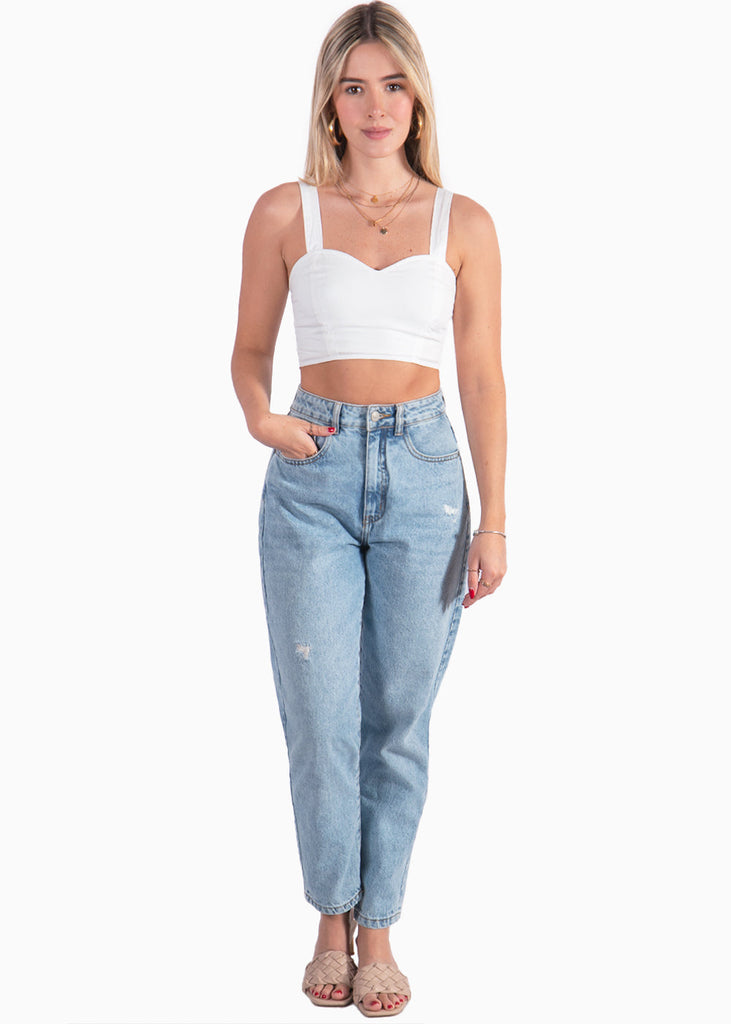 Crop top de tiras con escote corazón color blanco, marfil para mujer - Flashy