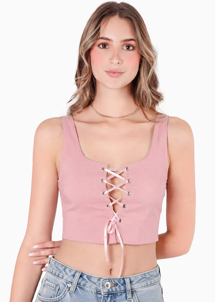 Crop top de tiras con ojaletes color rosado para mujer - Flashy