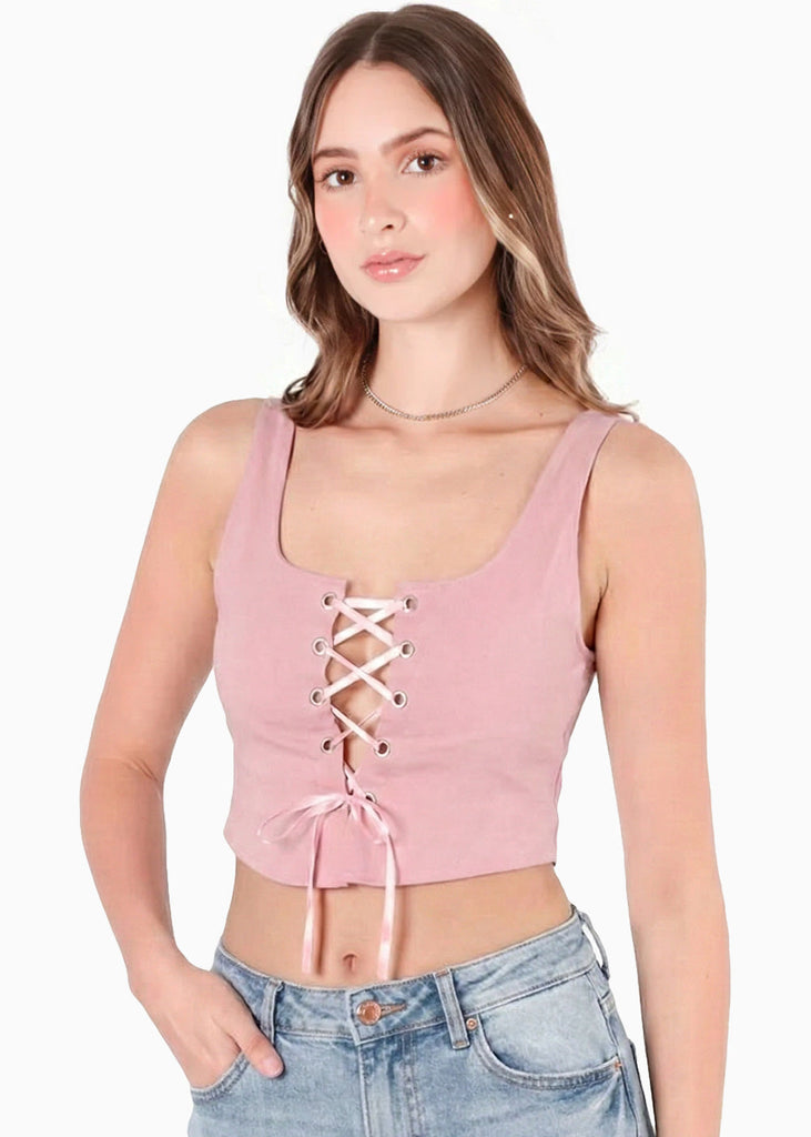 Crop top de tiras con ojaletes color rosado para mujer - Flashy