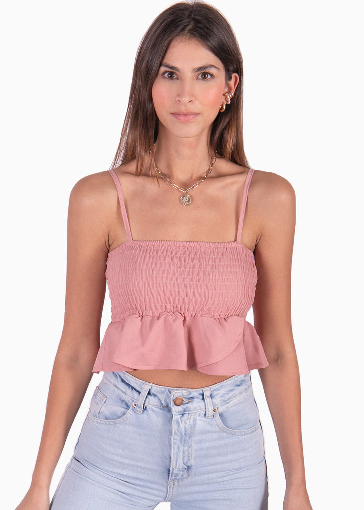 Crop top de tiras con recogido color rosado para mujer - Flashy