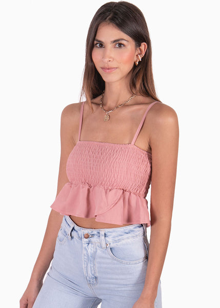 Crop top de tiras con recogido color rosado para mujer - Flashy