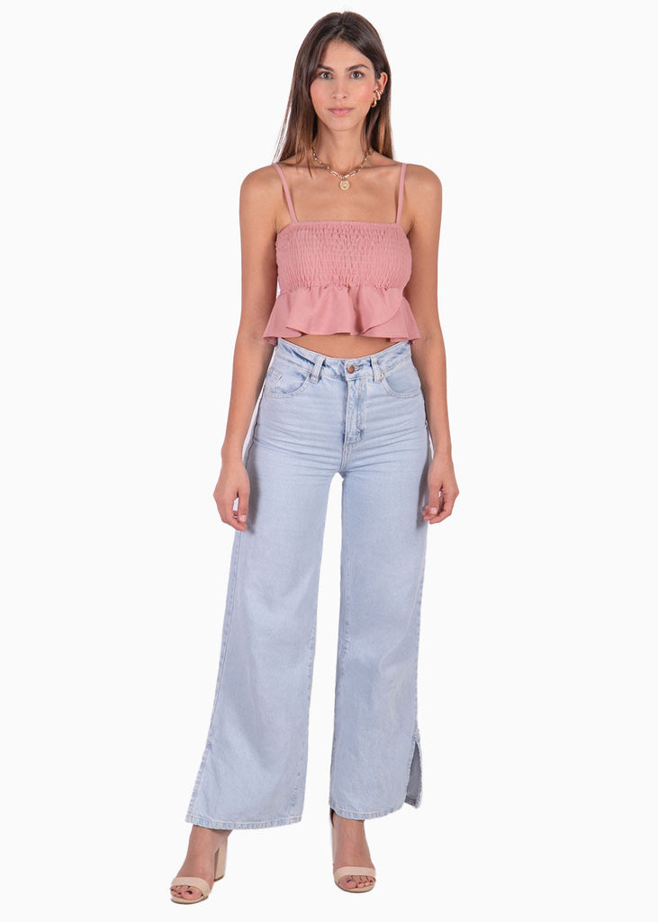 Crop top de tiras con recogido color rosado para mujer - Flashy