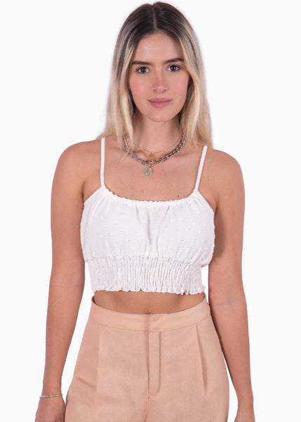 Crop top de tiras con recogido color blanco, marfil para mujer - Flashy