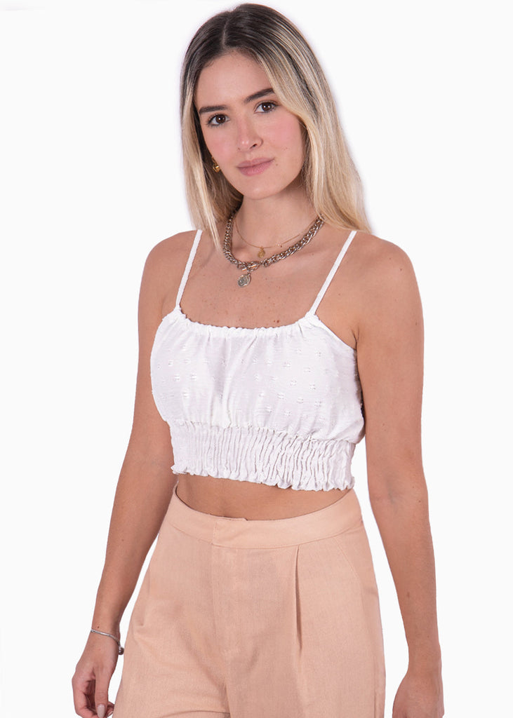 Crop top de tiras con recogido color blanco, marfil para mujer - Flashy