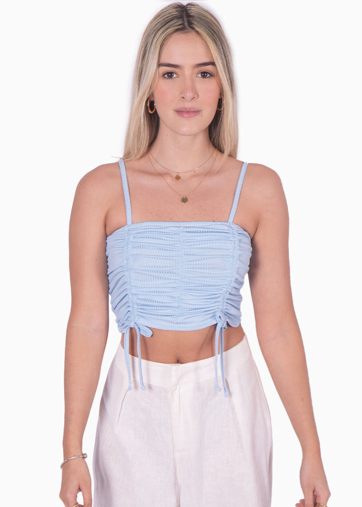 Crop top de tiras con recogidos color azul para mujer - Flashy