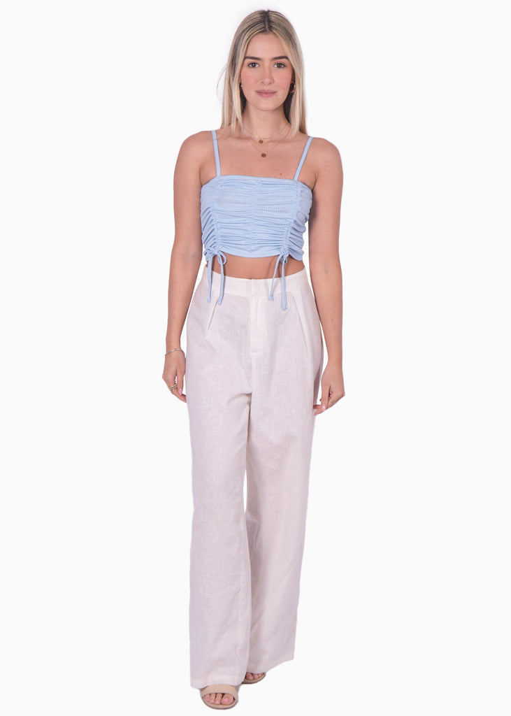 Crop top de tiras con recogidos color azul para mujer - Flashy