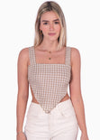 Crop top de tiras con tela de cuadros y escote cuadrado color beige para mujer - Flashy