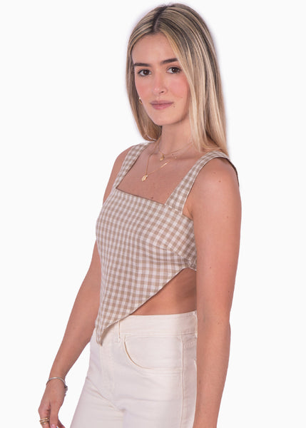 Crop top de tiras con tela de cuadros y escote cuadrado color beige para mujer - Flashy