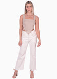 Crop top de tiras con tela de cuadros y escote cuadrado color beige para mujer - Flashy