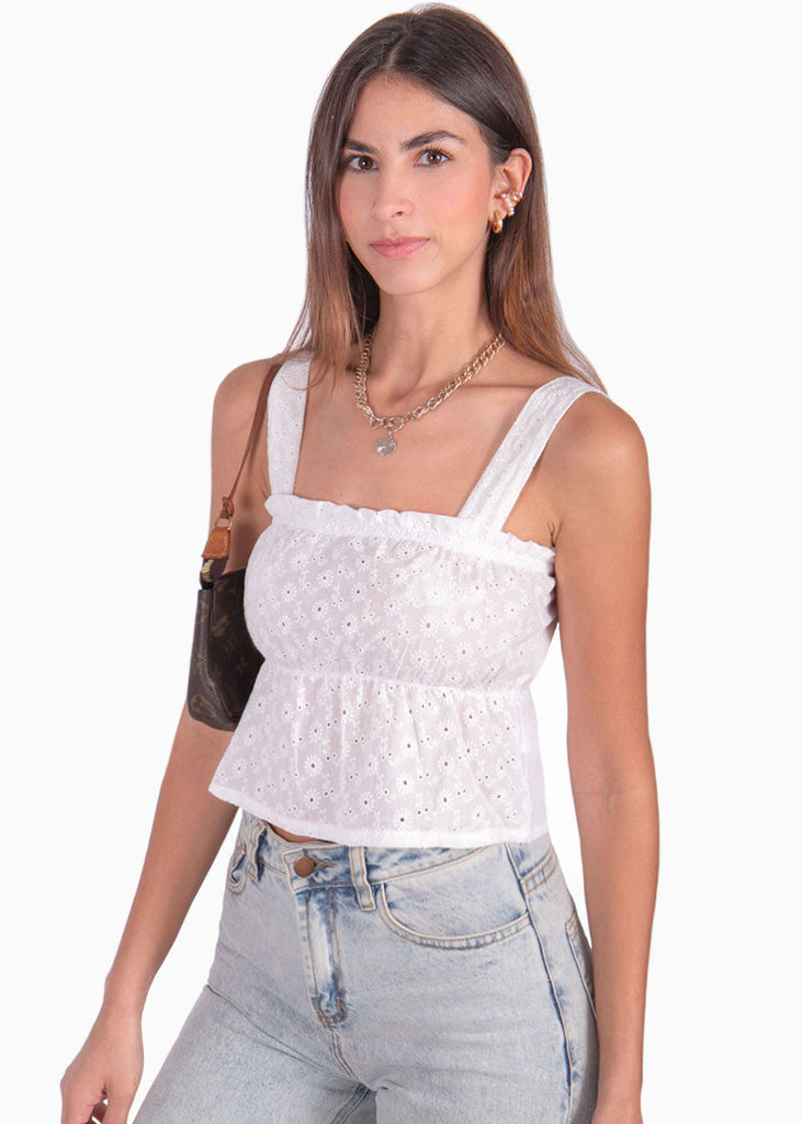 Crop top de tiras en ojalillo con escote cuadrado color blanco, marfil para mujer - Flashy