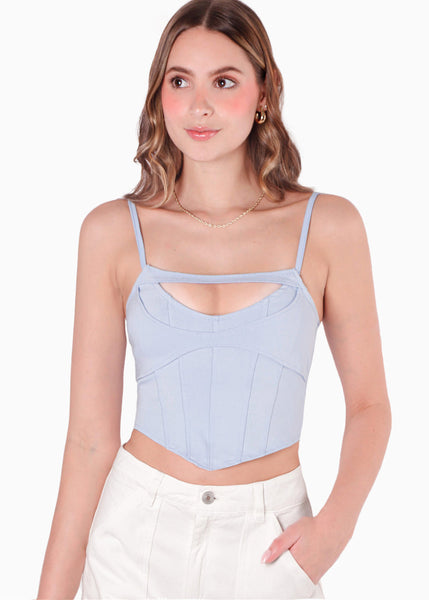 Crop top de tiras tipo corset con abertura en escote color azul para mujer - Flashy