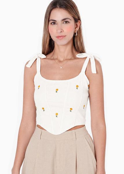 Crop top de tiras tipo corset con bordado de color marfil - UYUNI