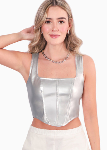 Crop top de tiras tipo corset con efecto metalizado color plateado para mujer - Flashy