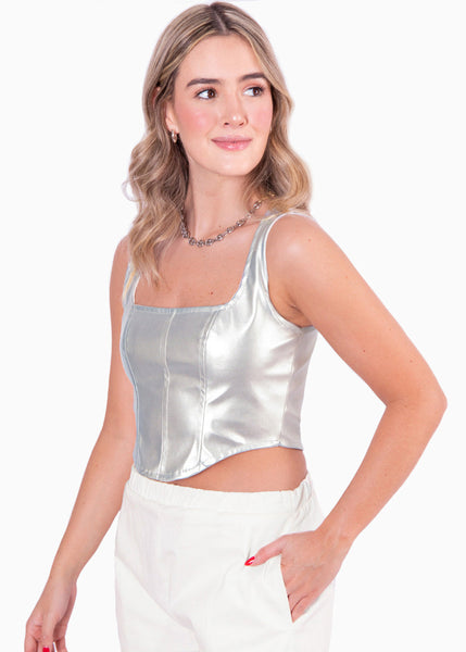 Crop top de tiras tipo corset con efecto metalizado color plateado para mujer - Flashy