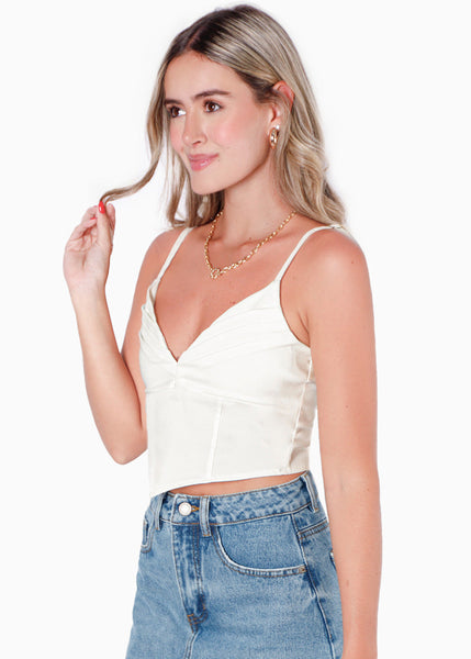 Crop top de tiras tipo corset con escote en v color blanco para mujer - Flashy