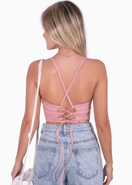 Crop top de tiras tipo corset con escote en v color rosado para mujer - Flashy