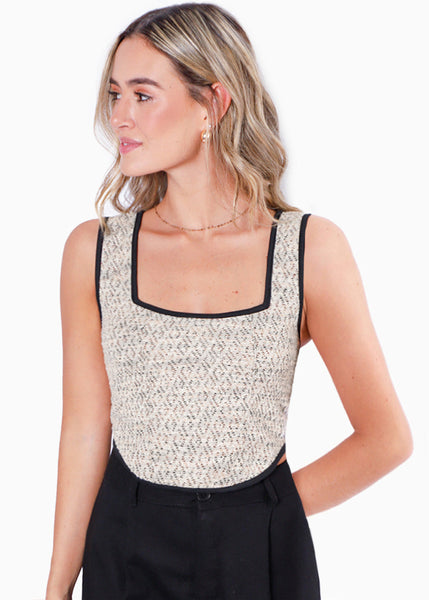 Crop top de tiras tipo corset de tweed color negro para mujer - Flashy