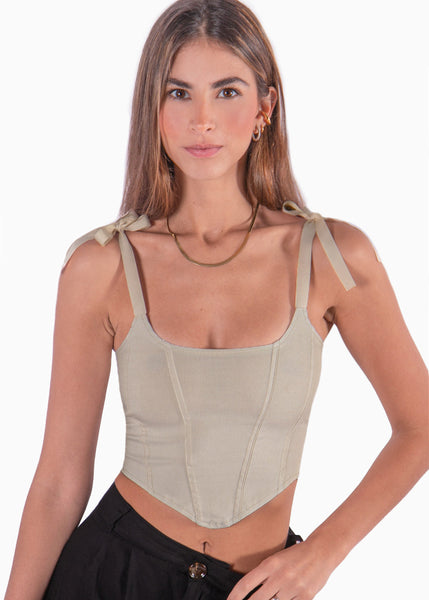 Crop top de tiras tipo corset color beige para mujer - Flashy