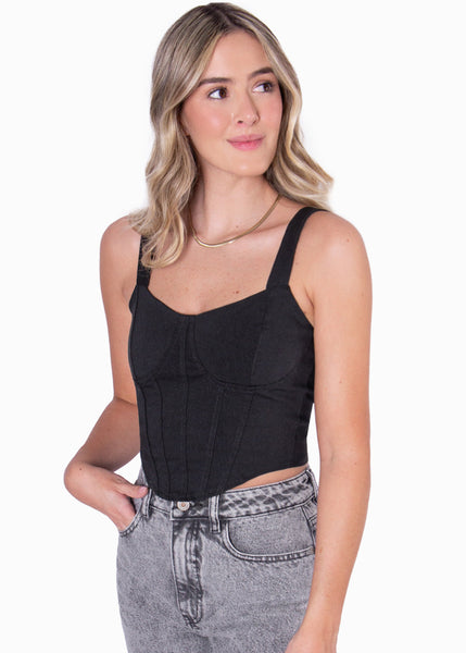 Crop top de tiras tipo corset color negro para mujer - Flashy