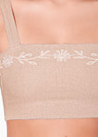 Crop top de tiras tipo lino con bordado color beige para mujer - Flashy