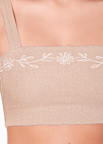 Crop top de tiras tipo lino con bordado color beige para mujer - Flashy