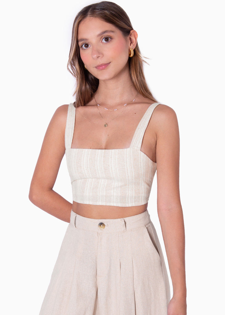 Crop top de tiras tipo lino con rayas color beige para mujer - Flashy