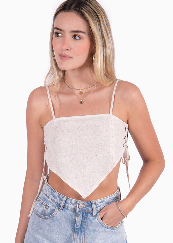 Crop top de tiras tipo pañoleta color beige para mujer - Flashy