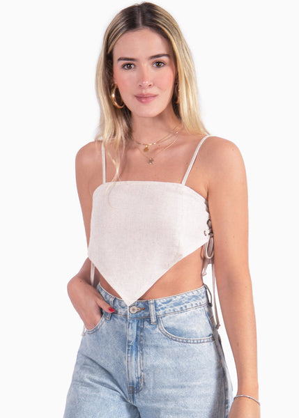 Crop top de tiras tipo pañoleta color beige para mujer - Flashy