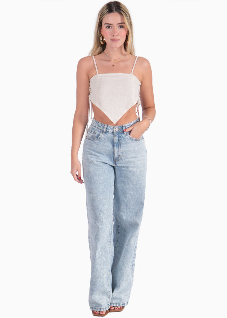 Crop top de tiras tipo pañoleta color beige para mujer - Flashy