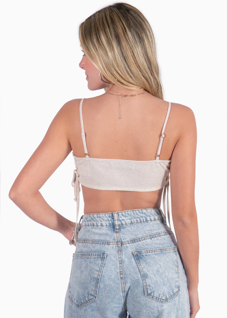 Crop top de tiras tipo pañoleta color beige para mujer - Flashy
