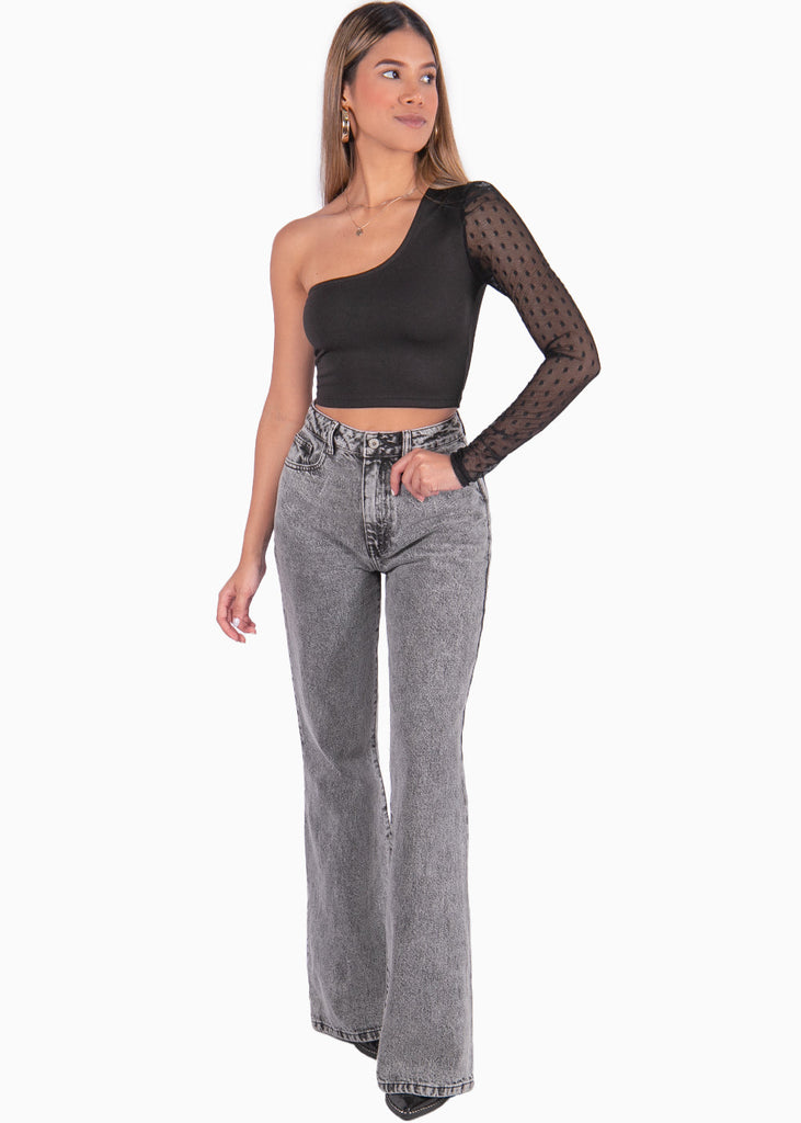 Crop top de un solo hombro color negro para mujer - Flashy