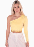 Crop top de un solo hombro con anudados color amarillo para mujer - Flashy