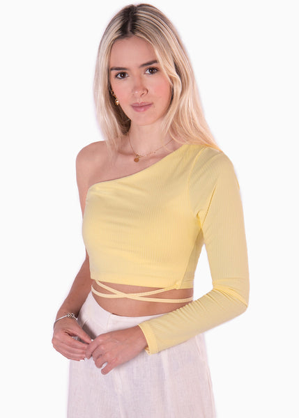 Crop top de un solo hombro con anudados color amarillo para mujer - Flashy