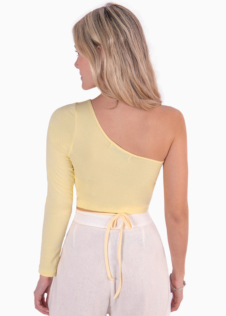 Crop top de un solo hombro con anudados color amarillo para mujer - Flashy