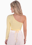Crop top de un solo hombro con anudados color amarillo para mujer - Flashy