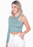 Crop top de un solo hombro con cut out color verde para mujer - Flashy