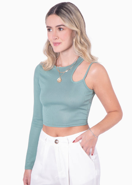 Crop top de un solo hombro con cut out color verde para mujer - Flashy