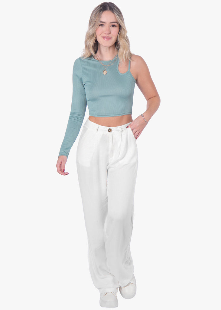 Crop top de un solo hombro con cut out color verde para mujer - Flashy