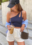 Crop top de un solo hombro color azul para mujer - Flashy