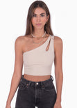 Crop top de un solo hombro color beige para mujer - Flashy
