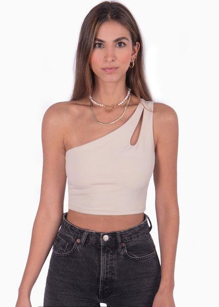 Crop top de un solo hombro color beige para mujer - Flashy