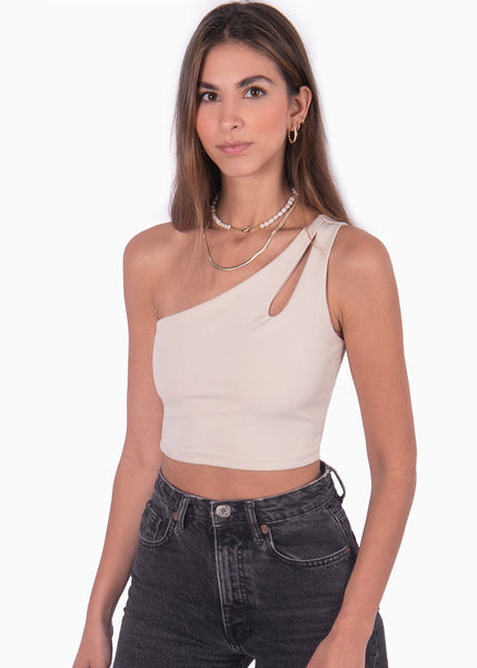 Crop top de un solo hombro color beige para mujer - Flashy