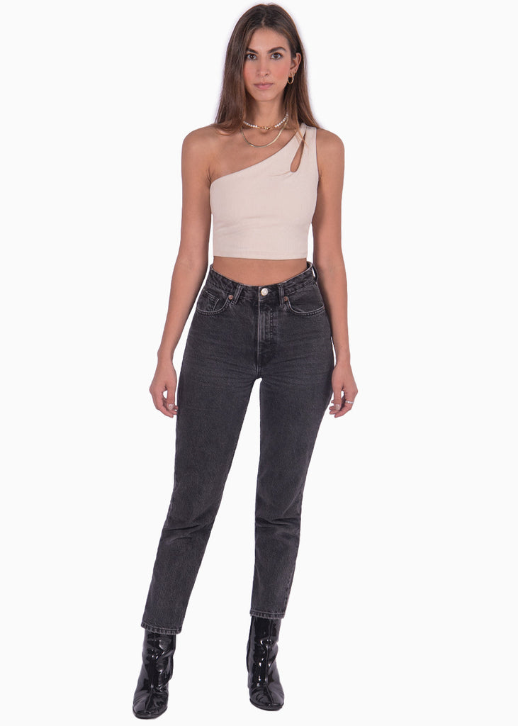 Crop top de un solo hombro color beige para mujer - Flashy
