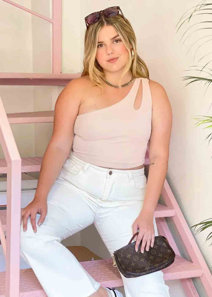 Crop top de un solo hombro color beige para mujer - Flashy