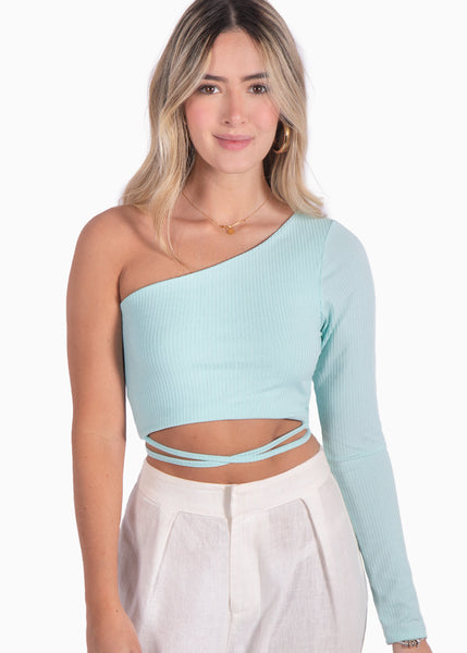 Crop top de un solo hombro y cruce en abdomen color azul para mujer - Flashy