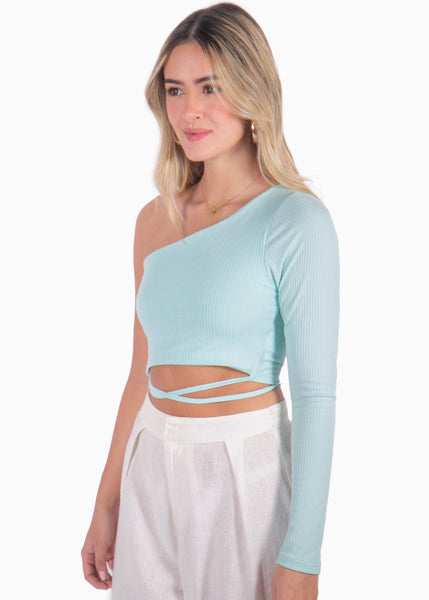 Crop top de un solo hombro y cruce en abdomen color azul para mujer - Flashy
