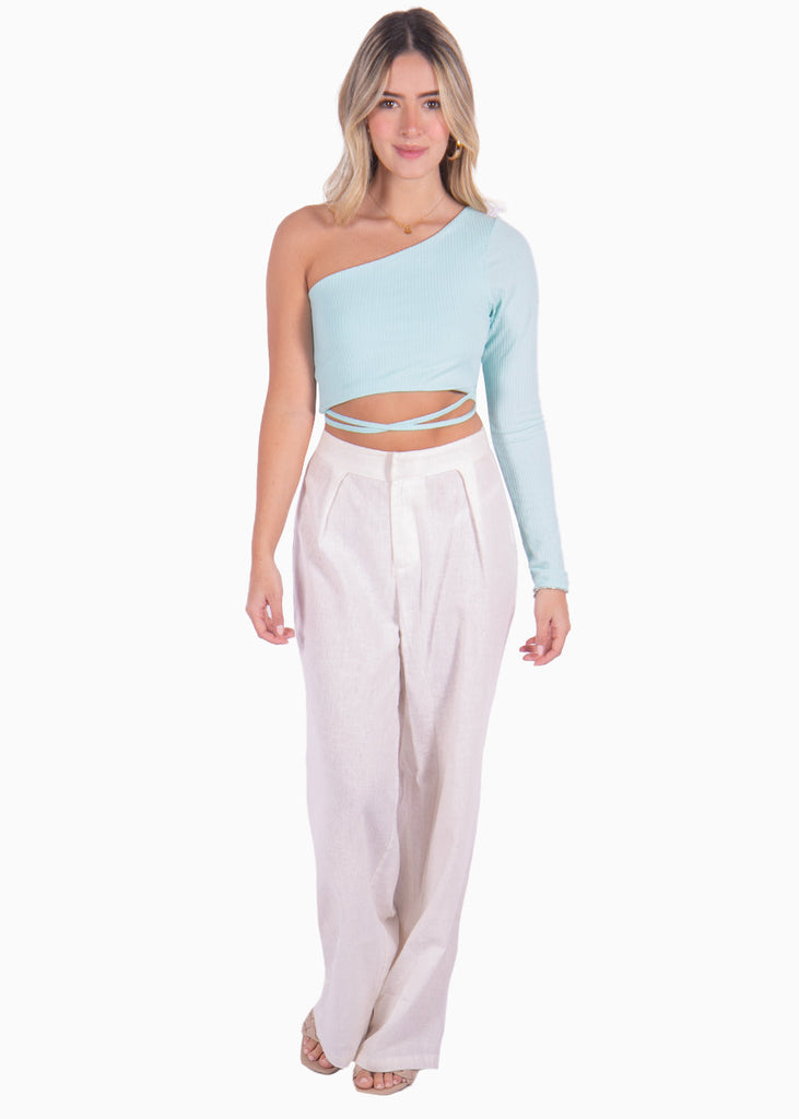 Crop top de un solo hombro y cruce en abdomen color azul para mujer - Flashy