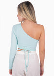 Crop top de un solo hombro y cruce en abdomen color azul para mujer - Flashy